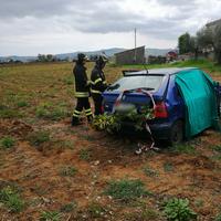 L'auto finita nel campo agricolo dopo l'impatto con un albero d'ulivo