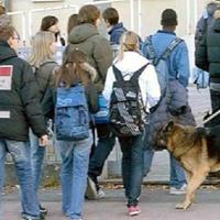 Carabinieri con cane antidroga davanti a una scuola
