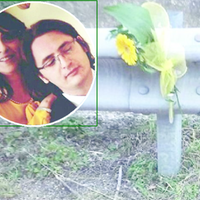 Un fiore giallo lasciato sulla statale 81. Nel tondo, Alessia Di Febbo e il marito