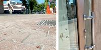 Le tracce di sangue sul marciapiede di viale B. Croce e sulla vetrina dello studio tributario di Mauro Febbo
