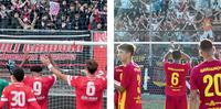 I giocatori del Teramo e del Giulianova mentre salutano le rispettive tifoserie al termine di gare casalinghe